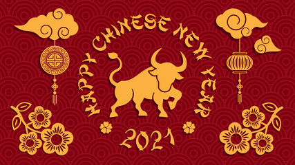 Chinese new year 2021 year of the ox background, red and gold paper cut ox character, flower and asian elements with craft style on background