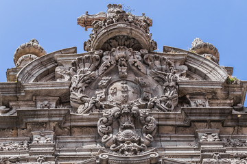 Renaissance and Gothic style Facade of Church of Mercy of Porto (Santa Casa da Misericordia of Porto, XVI century) at Rua das Flores in Porto city. Portugal.