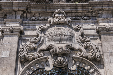 Renaissance and Gothic style Facade of Church of Mercy of Porto (Santa Casa da Misericordia of Porto, XVI century) at Rua das Flores in Porto city. Portugal.