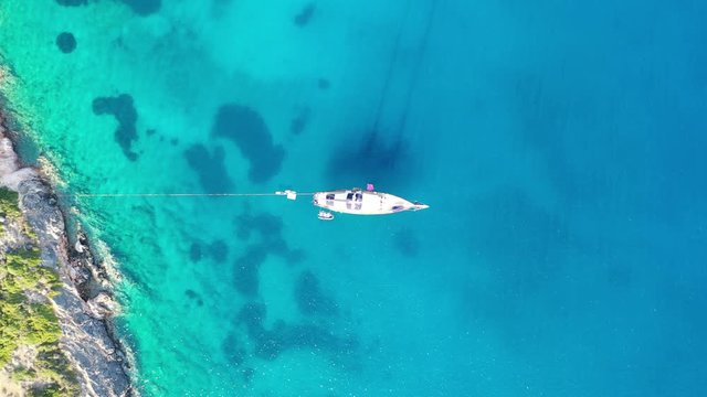Aerial view of a yaht moored near Spinalonga Island, Crete, Greece