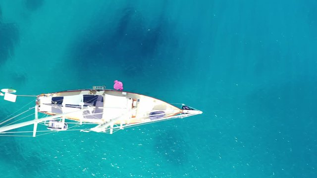 Aerial view of a yaht moored near Spinalonga Island, Crete, Greece