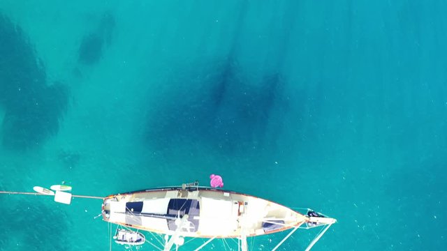 Aerial view of a yaht moored near Spinalonga Island, Crete, Greece