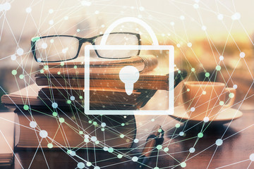 Lock drawings with glasses on the table background. concept of security. Double exposure.