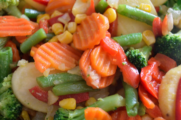 Summer lunch. Vegetables in the pan. Corn, carrot, potato, pepper, broccoli, onion, and beans.

