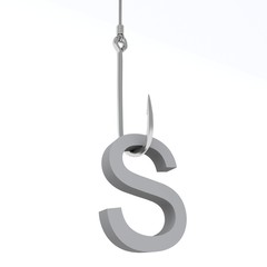 3D illustration of letter caught on a fish hook