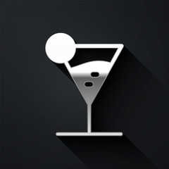 Silver Martini glass icon isolated on black background. Cocktail icon. Wine glass icon. Long shadow style. Vector Illustration.