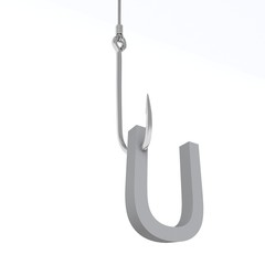 3D illustration of letter caught on a fish hook