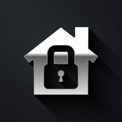 Silver House under protection icon isolated on black background. Home and lock. Protection, safety, security, protect, defense concept. Long shadow style. Vector Illustration.