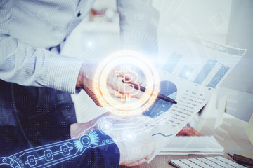 Businessman with hands background. Crypto currency concept.