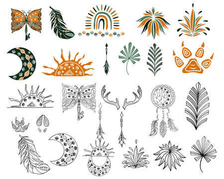 Outline hand drawn bohemian clipart for print with moon, sun, dream catcher, rainbow. Boho chic of free spirit design with feather, arrow. Silhouette set of ethnic elements, indian object, symbol