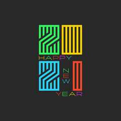 2021 number logo Happy New Year colorful monogram, multicolored lines linear creative typography greeting card design