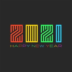 Logo 2021 design bright colorful monogram Happy New Year text, linear creative emblem, typography design holiday poster