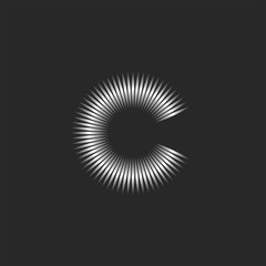 Logo C letter 3d shape, minimal style typography design mockup, radial beams construction, linear arc form illusion.