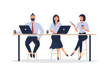 Women and man friends or colleagues sitting at desk in loft office or cafe,working at notebook and tablet,having coffee, talking.Effective and productive teamwork.Hand drawn style vector illustrations