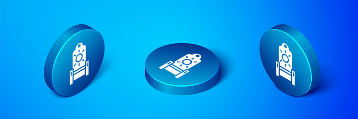 Isometric Medieval throne icon isolated on blue background. Blue circle button. Vector.