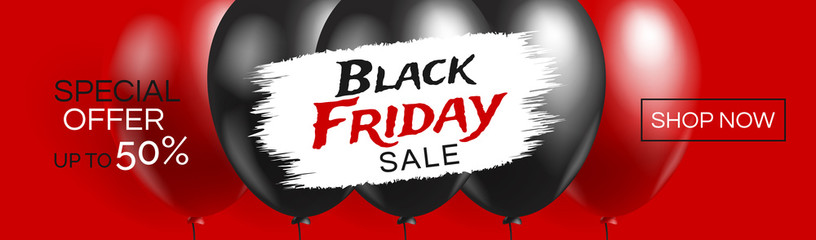 black friday sale special offer horizontal banner design with balloons on red background