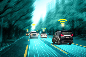 Autonomous car sensor system concept for safety of driverless mode car control . Future adaptive cruise control sensing nearby vehicle and pedestrian . Smart transportation technology .