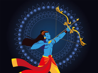 lord ram cartoon with bow and arrow in front of blue mandala vector design