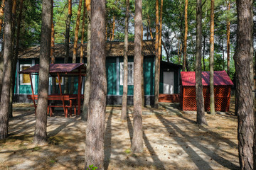 Fototapeta na wymiar Editorial illustrative. Lake Svityaz, Volyn Region, Ukraine. August 15, 2020. Shatsky national natural park. Colored wooden cottage in a pine forest from the Soviet past. 