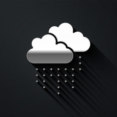 Silver Cloud with rain icon isolated on black background. Rain cloud precipitation with rain drops. Long shadow style. Vector.