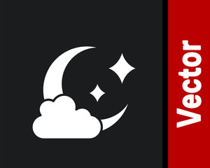 White Cloud with moon icon isolated on black background. Cloudy night sign. Sleep dreams symbol. Night or bed time sign. Vector.