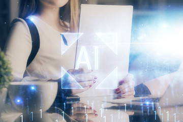 Multi exposure of woman's writing hand on background with data technology hud. Big data concept.