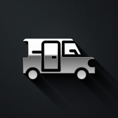 Silver Minibus icon isolated on black background. Long shadow style. Vector.