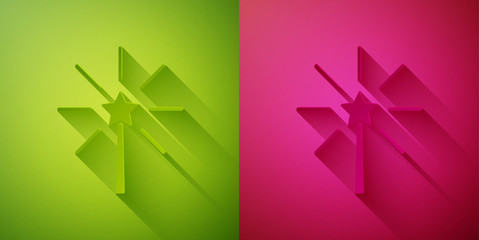 Paper cut Firework icon isolated on green and pink background. Concept of fun party. Explosive pyrotechnic symbol. Paper art style. Vector.