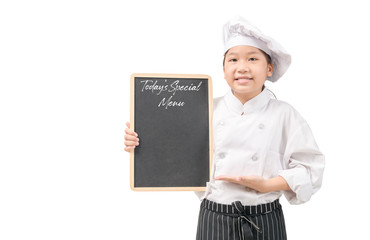 Happy asian girl chef in uniform presenting Today's special menu on blackboard