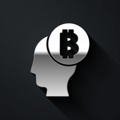 Silver Bitcoin think icon isolated on black background. Cryptocurrency head. Blockchain technology, digital money market, cryptocoin wallet. Long shadow style. Vector.