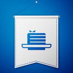 Blue Medovik icon isolated on blue background. Honey layered cake or russian cake Medovik on plate. White pennant template. Vector.