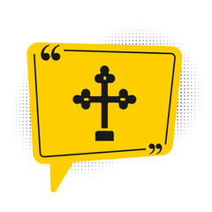 Black Christian cross icon isolated on white background. Church cross. Yellow speech bubble symbol. Vector.