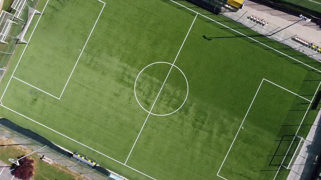 Drone aerial view of empty soccer field without players during Covid-19 Coronavirus outbreak lockdown