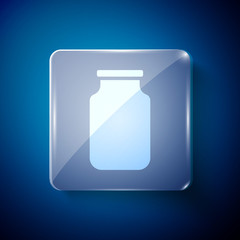 White Glass jar with screw-cap icon isolated on blue background. Square glass panels. Vector.