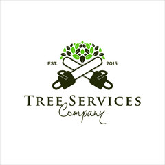 tree service logo design template idea. chainsaw and leaf vector badge inspiration