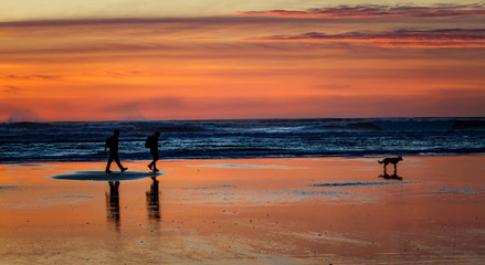 Fototapeta na wymiar A couple walking their do at sunset on the beach at seaside, Oregon.
