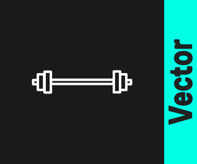 White line Barbell icon isolated on black background. Muscle lifting icon, fitness barbell, gym, sports equipment, exercise bumbbell. Vector Illustration.
