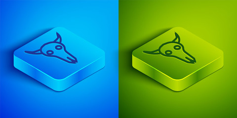 Isometric line Buffalo skull icon isolated on blue and green background. Square button. Vector Illustration.
