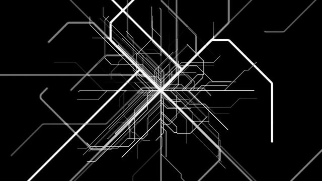 Abstract monochrome tangled narrow lines on black background. Animation. Straight white stripes appear and multiply forming beautiful pattern.