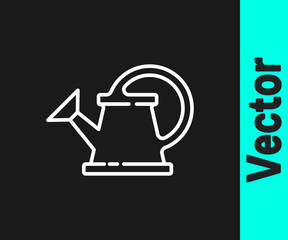 White line Watering can icon isolated on black background. Irrigation symbol. Vector Illustration.