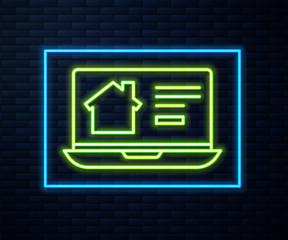 Glowing neon line Online real estate house on laptop icon isolated on brick wall background. Home loan concept, rent, buy, buying a property. Vector Illustration.