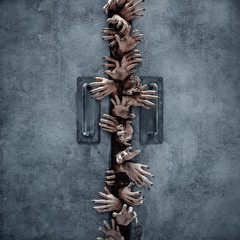 Zombie horror hands Halloween door / 3D illustration of gnarled undead hands reaching through crack between heavy double doors