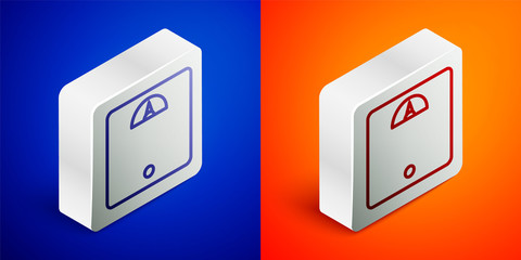 Isometric line Bathroom scales icon isolated on blue and orange background. Weight measure Equipment. Weight Scale fitness sport concept. Silver square button. Vector Illustration.