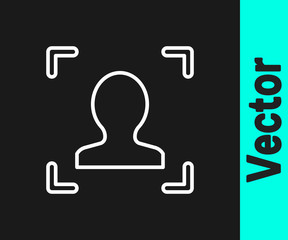 White line Face recognition icon isolated on black background. Face identification scanner icon. Facial id. Cyber security concept. Vector.