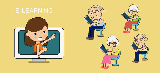 old man & old woman learning using smartphone. Online courses.
Flat vector character illustration