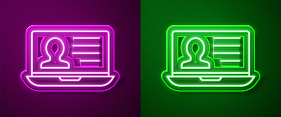 Glowing neon line Laptop with resume icon isolated on purple and green background. CV application. Searching professional staff. Analyzing personnel resume. Vector.