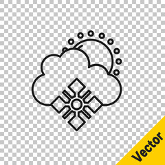 Black line Cloud with snow and sun icon isolated on transparent background. Cloud with snowflakes. Single weather icon. Snowing sign. Vector.