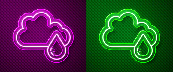 Glowing neon line Cloud with rain icon isolated on purple and green background. Rain cloud precipitation with rain drops. Vector.