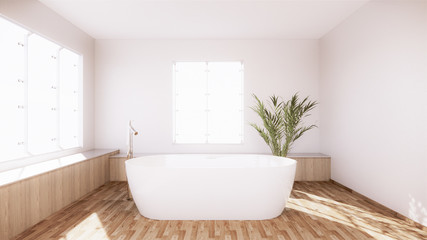 Fototapeta na wymiar Bath room interior bathtub with wall white and wooden floor. 3d rendering