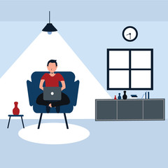 working from home, a man casually sit on his favorite sofa - colorful flat cartoons illustrations